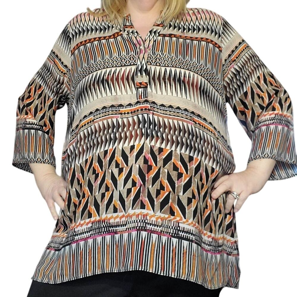 Rose & Olive Size 2X Orange Black Tunic Blouse Geometric V Neck Lightweight